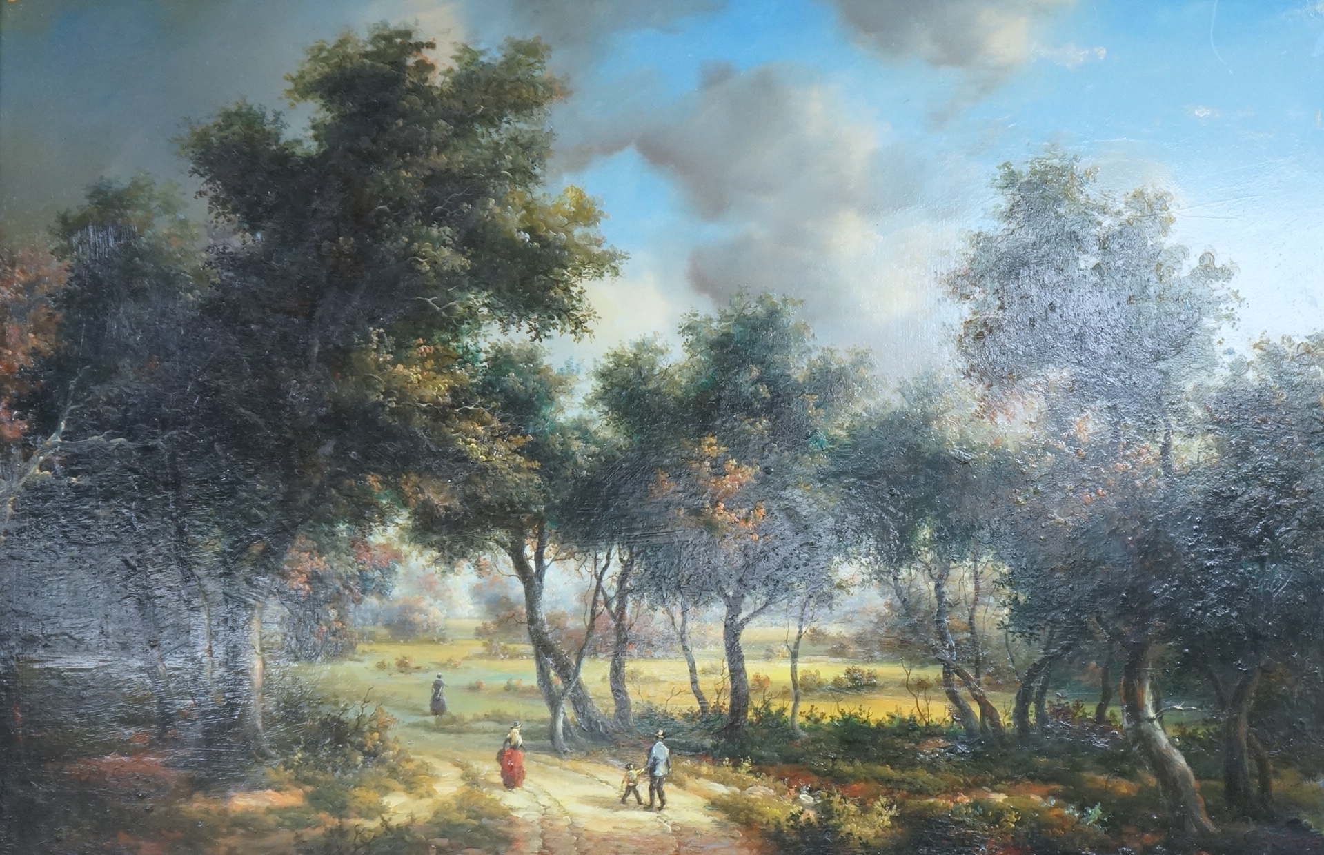 G. Schrober, Pastoral scene with figures, signed, oil on board, ornate framed, 37 x 59cm